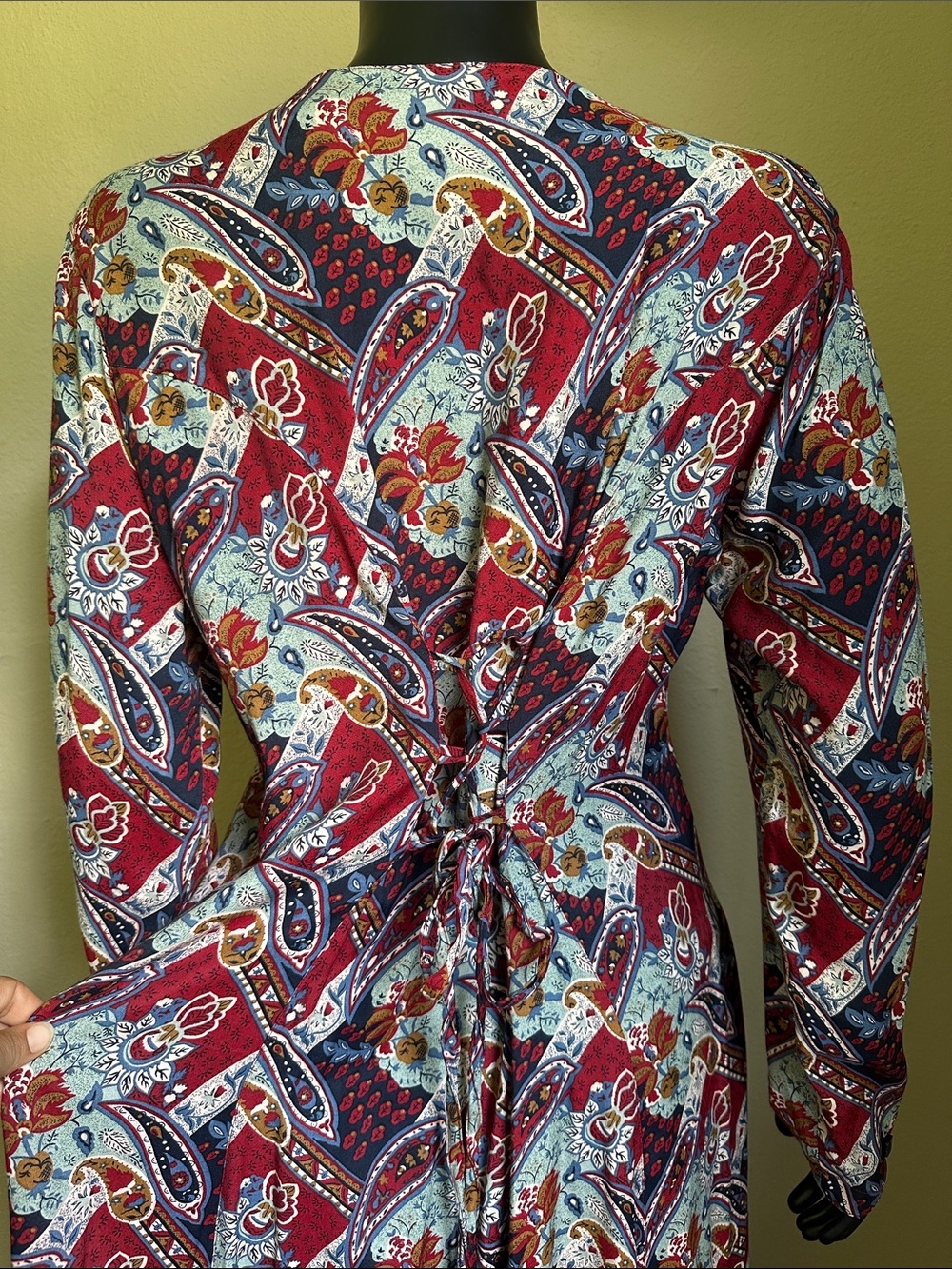Vintage Erika Burgundy Paisley Button-Front Lace-Up Back Long Sleeve Maxi Dress - Picture 11 of 16